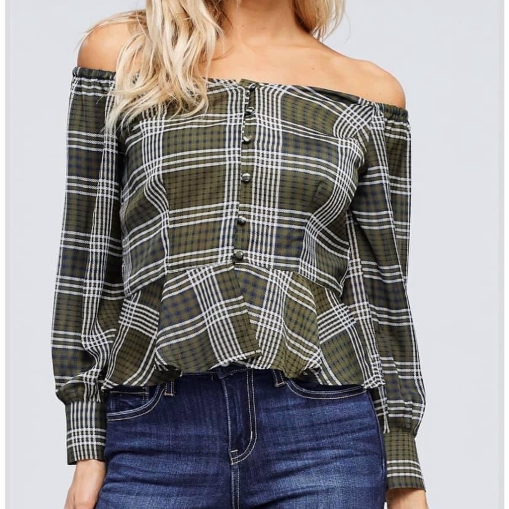 Plaid off the shoulder blouse